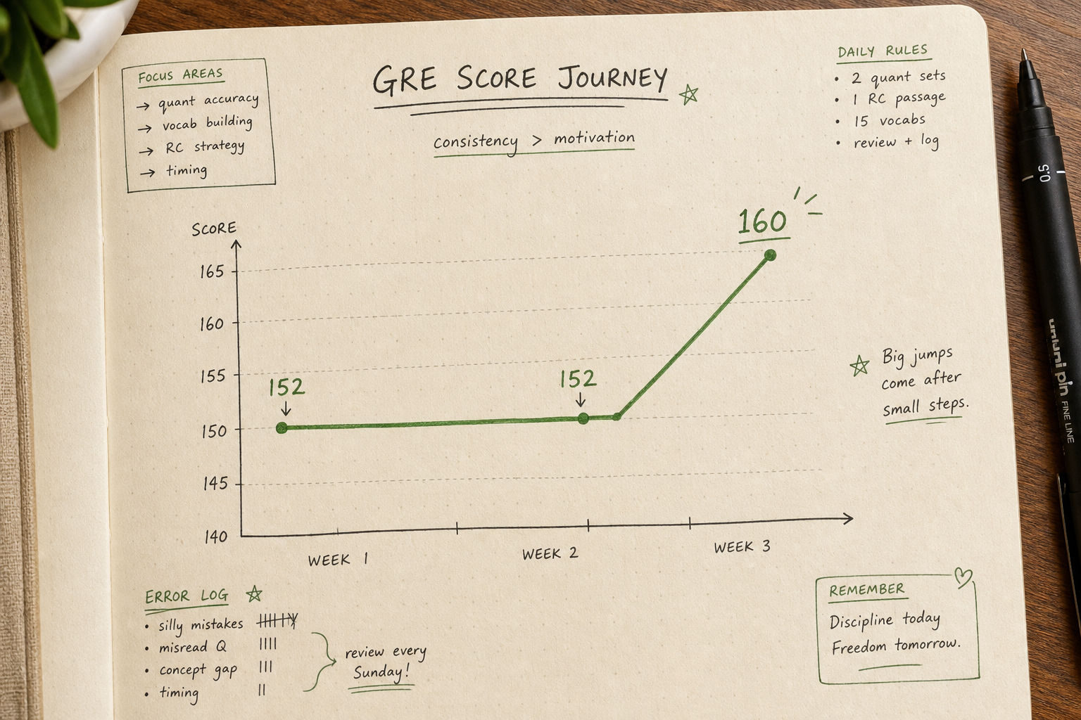 Illustration of Khushi's GRE Quant score journey from 152 to 160 over three weeks, showing error log categories and weekly progress