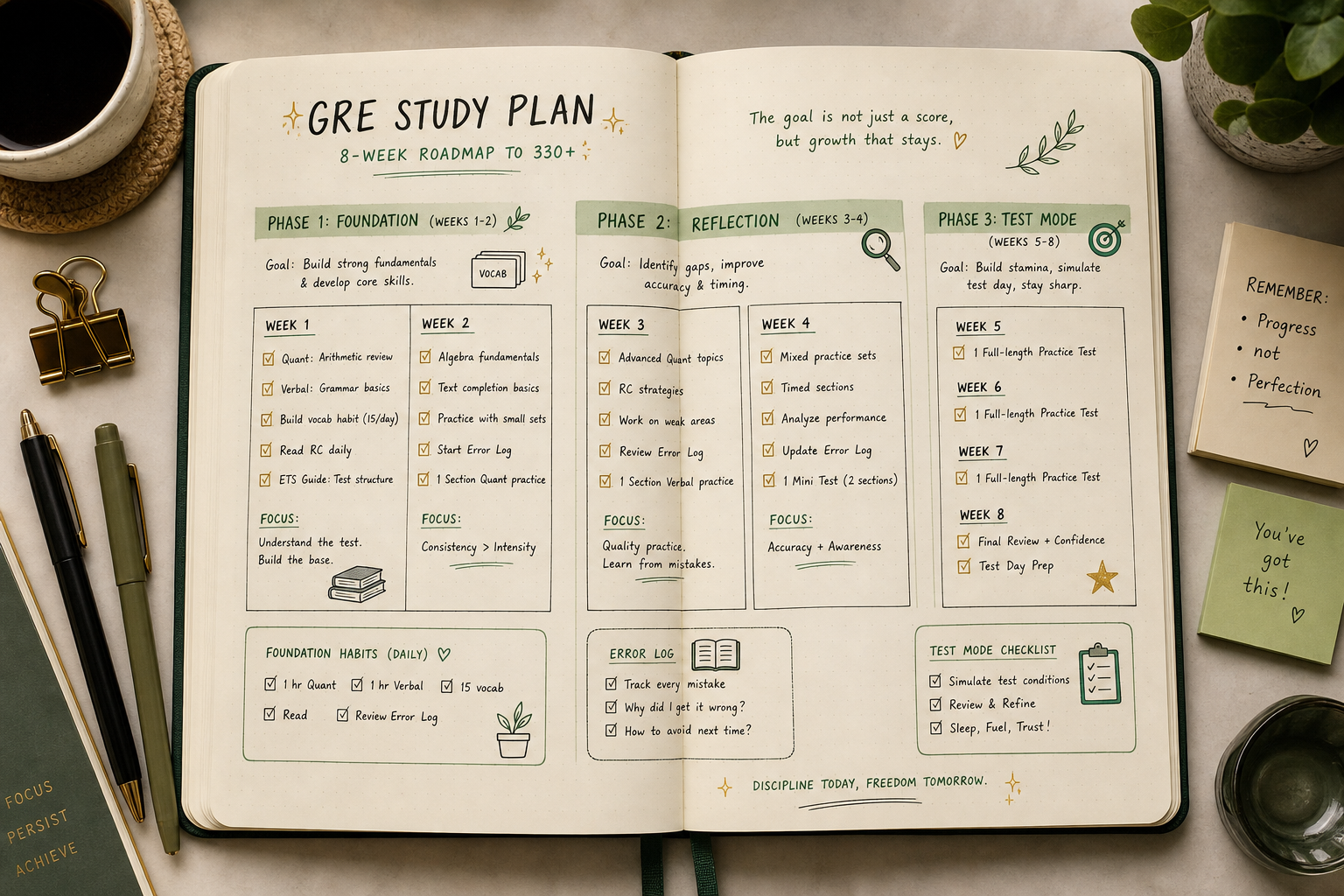 GRE 2-month study plan journal showing 3 phases: Foundation, Reflection, and Test Mode with weekly tasks and error log habits