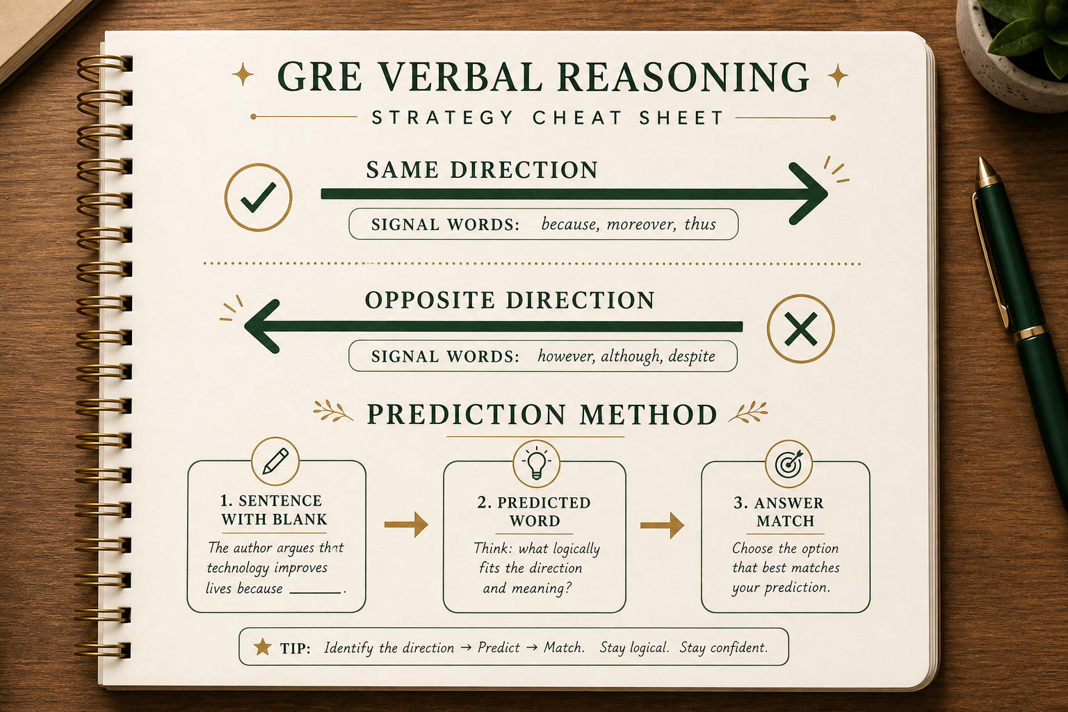 GRE Verbal strategy cheat sheet showing same direction and opposite direction signal words, plus the prediction method for Text Completion